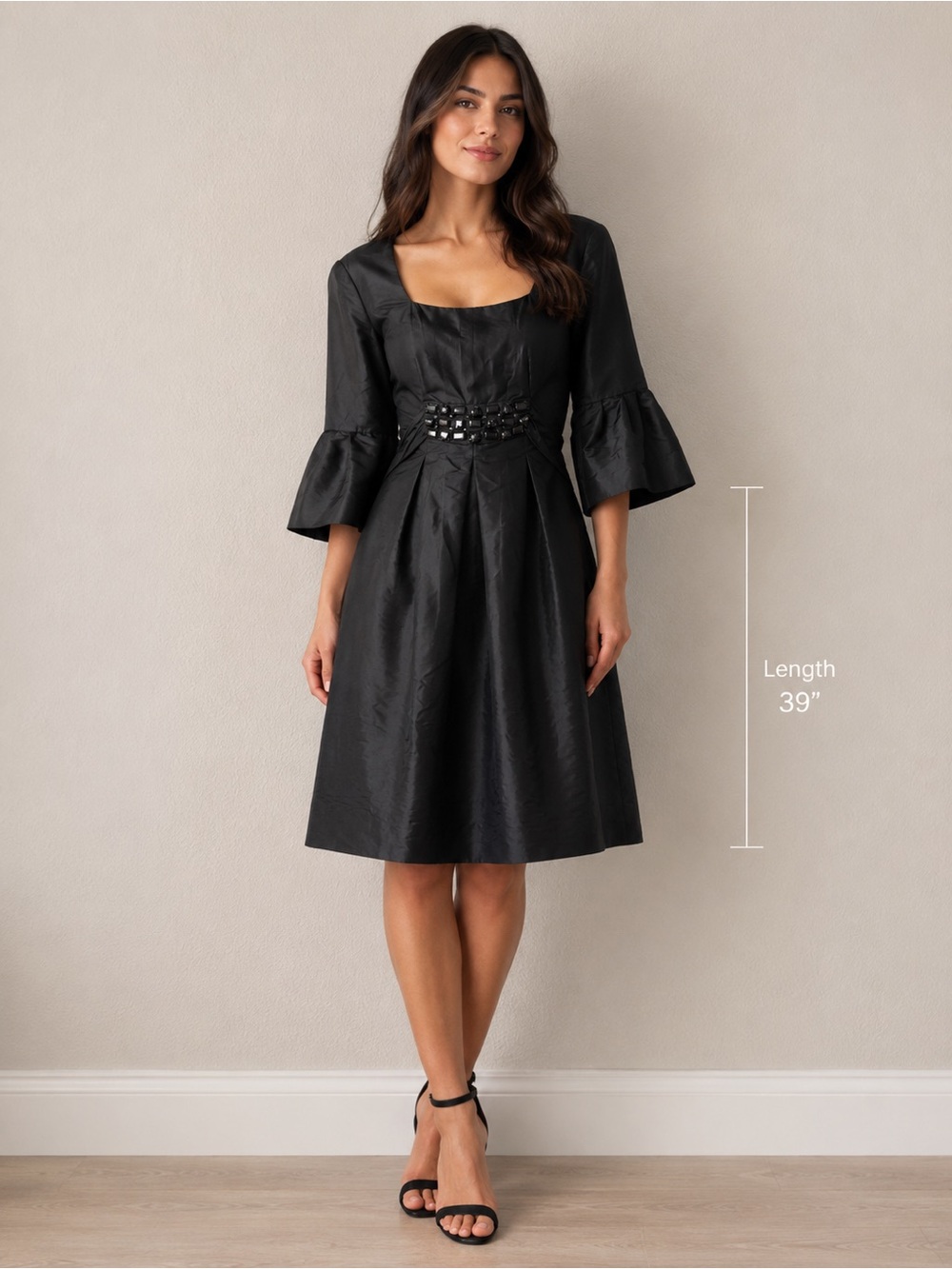 Donna Morgan Cocktail Dress Beaded Sash Bell Sleeve Black Size 6 Whimsigoth